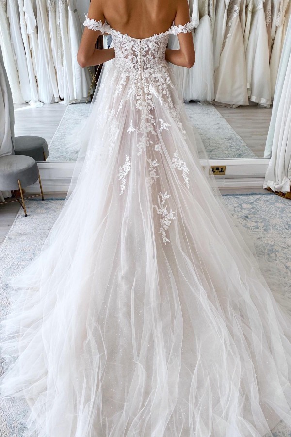 Gorgeous Long A-line Off the Shoulder Tulle Lace Wedding Dresses with Slit