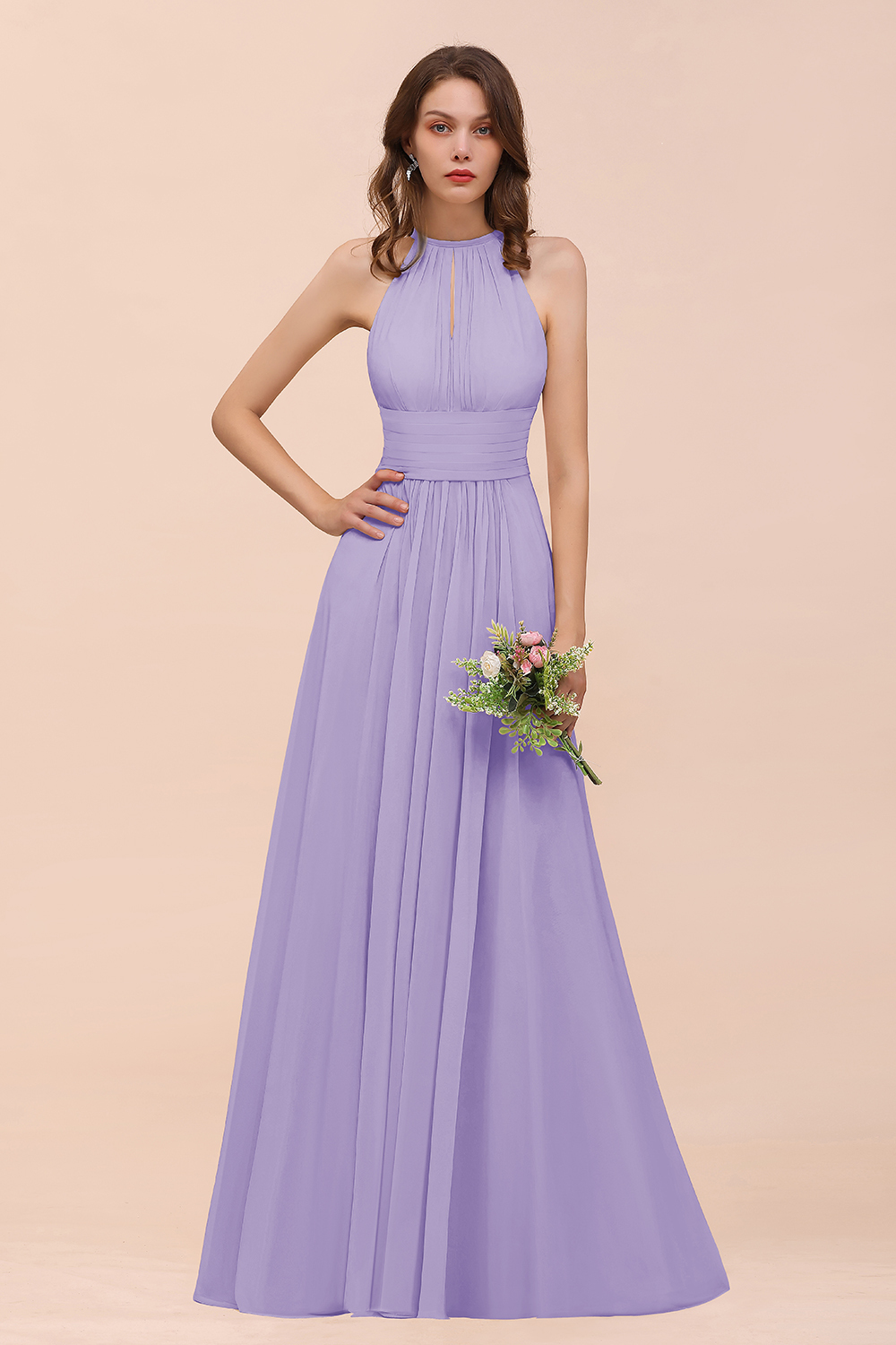 Elegant Long A-Line Jewel Ruffle Chiffon Champagne Bridesmaid Dress