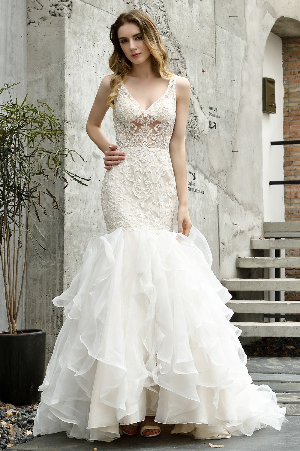 Ivory Long Mermaid V-neck Lace Tulle Ruffles Wedding Dress