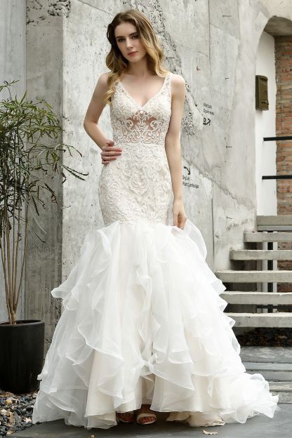 Ivory Long Mermaid V-neck Lace Tulle Ruffles Wedding Dress