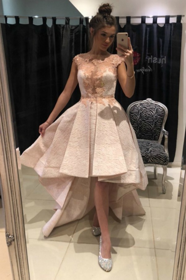 Beautiful A-line Bateau Appliques Lace Ruffles High Low Prom Dress