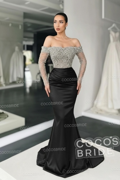 Long Mermaid Off the Shoulder Satin Prom Dress with Sleeves