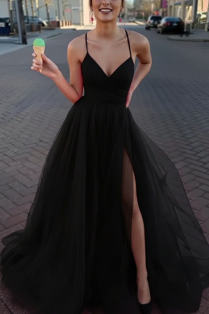Long Spaghetti Straps V-neck A-Line Tulle Prom Dress With Side Slit