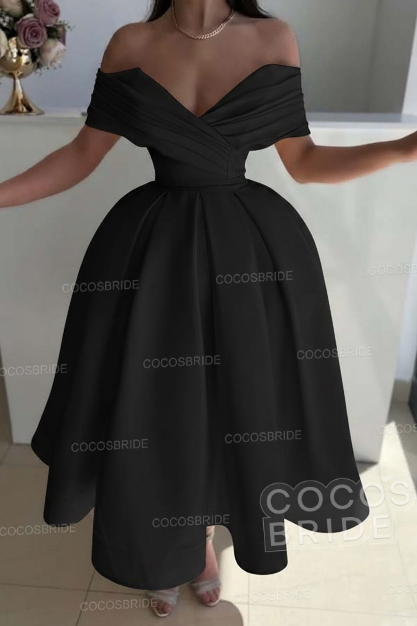 Off the Shoulder A-Line Satin Prom Dress with Pleated