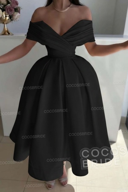 Off the Shoulder A-Line Satin Prom Dress with Pleated