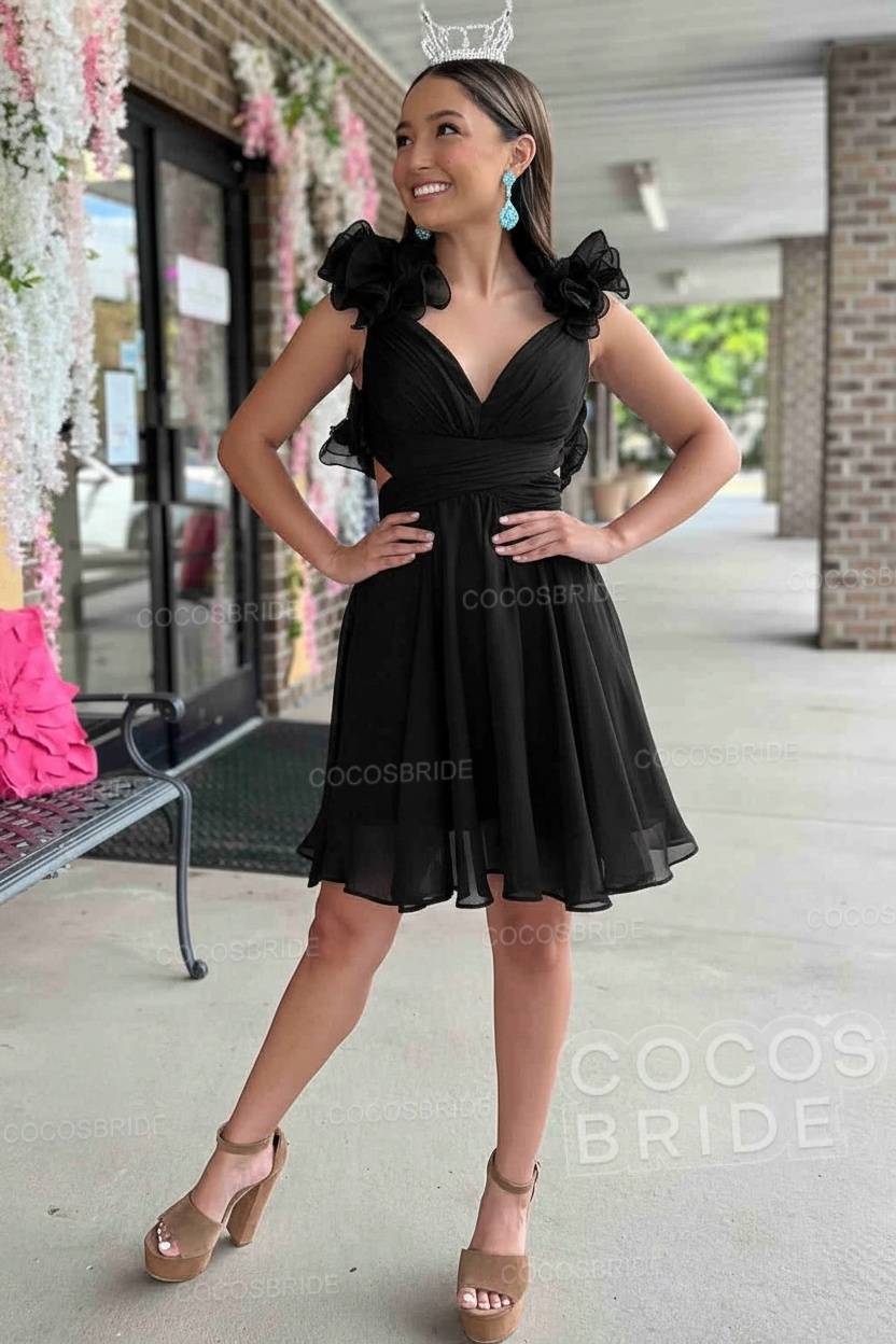 V-Neck Sky Blue Short Chiffon A-Line Party Dress