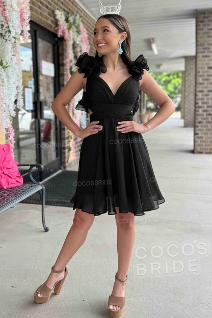 V-Neck Sky Blue Short Chiffon A-Line Party Dress