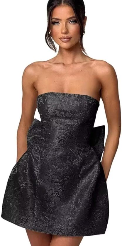 Strapless Short Ball Gown Sleeveless Lace up Jacquard Satin Homecoming Dress with Bow - CoCosBride