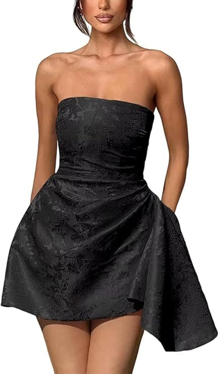 A-line Strapless Jacquard Satin Asymmetrical Lace up Sleeveless Short Homecoming Dress - CoCosBride