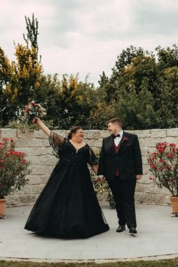 Cocosbride Black V-neck Half Sleeves Plus Size A-line Wedding Dresses