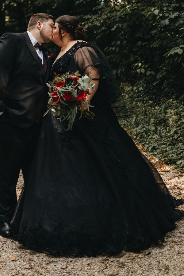 Cocosbride Black V-neck Half Sleeves Plus Size A-line Wedding Dresses