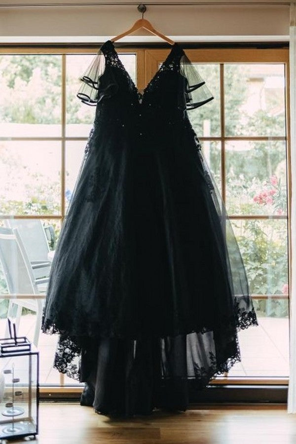 Cocosbride Black V-neck Half Sleeves Plus Size A-line Wedding Dresses