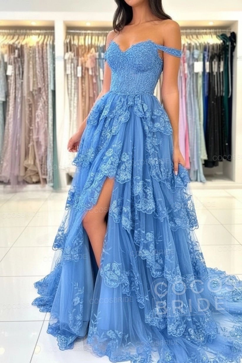 Off The Shoulder Sweetheart Lace A-Line Long Prom Dress with Slit
