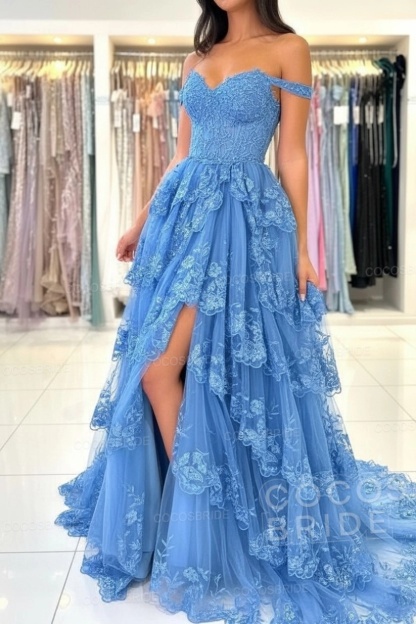 Off The Shoulder Sweetheart Lace A-Line Long Prom Dress with Slit