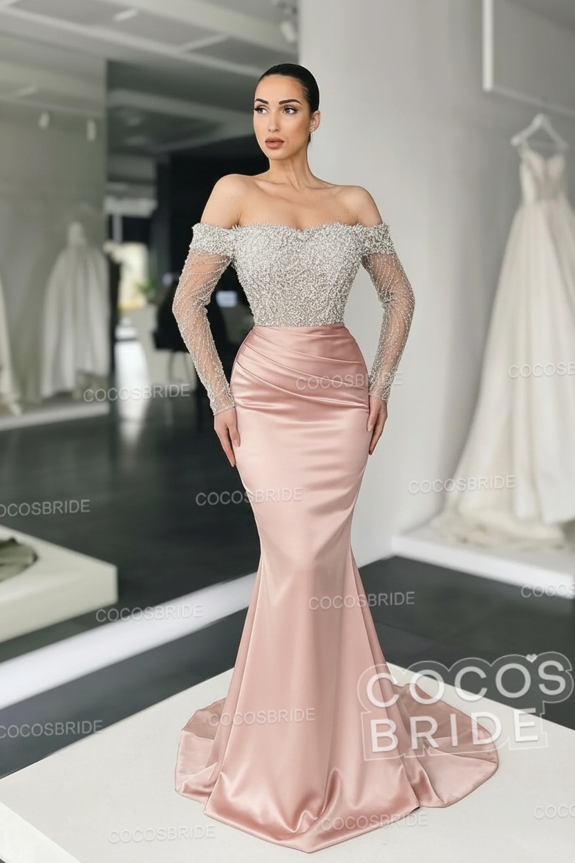 Long Mermaid Off the Shoulder Satin Prom Dress with Sleeves