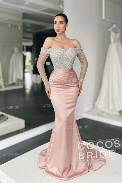 Long Mermaid Off the Shoulder Satin Prom Dress with Sleeves