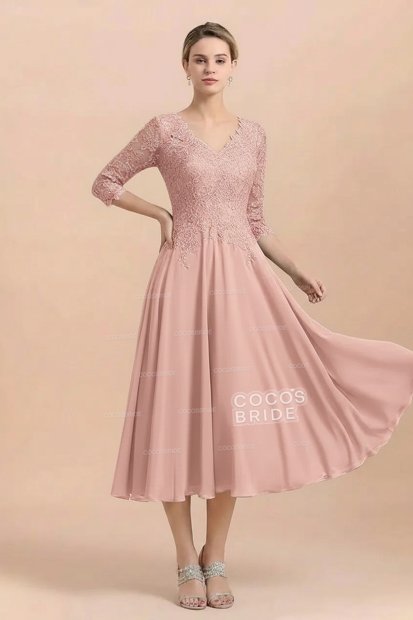 A-Line V-Neck 3/4 Sleeves Chiffon Short Mother Of The Bride Dresses With Lace