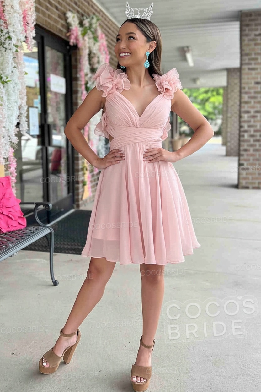 V-Neck Sky Blue Short Chiffon A-Line Party Dress
