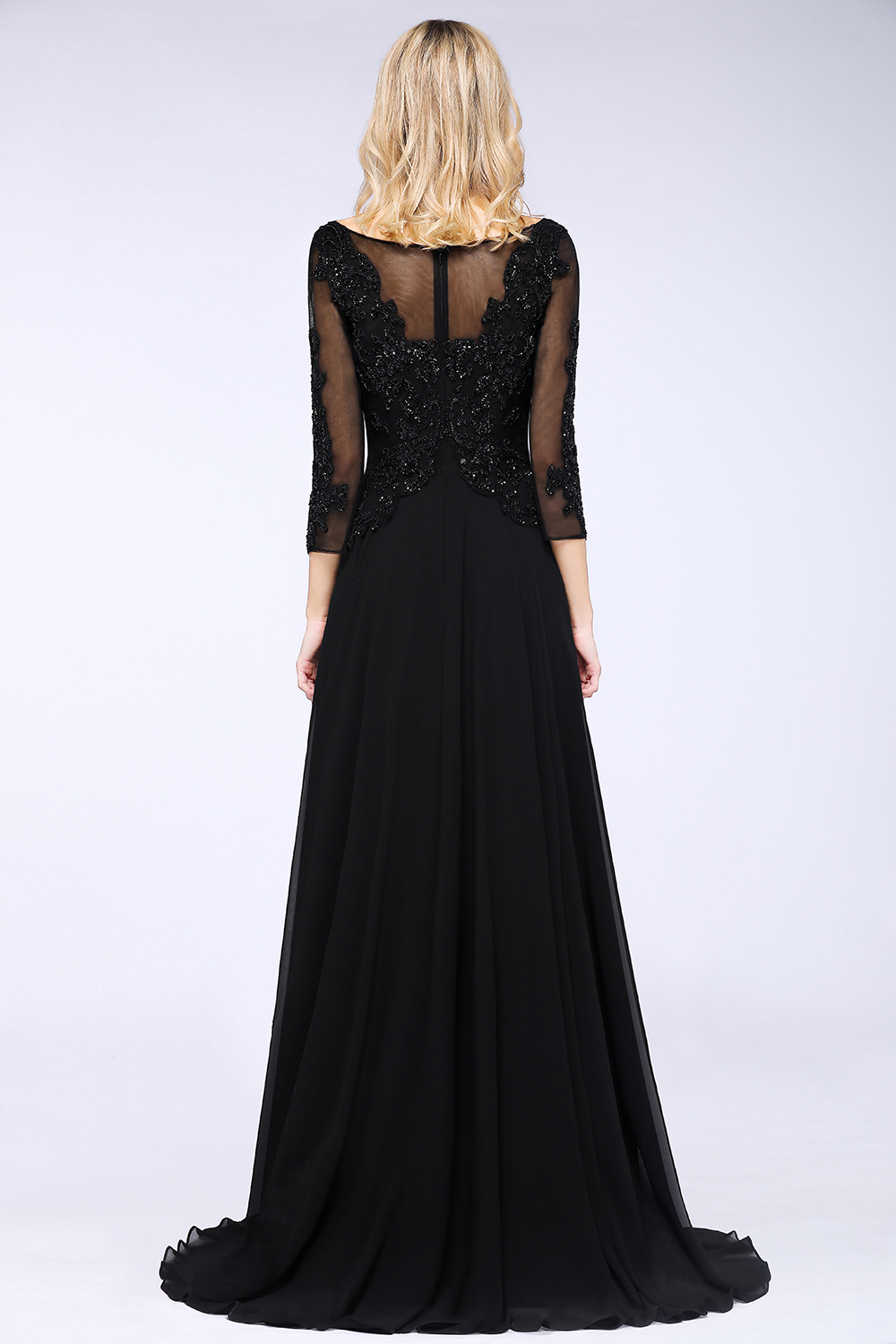 BM0764 Black 3/4 Sleeves Beads A-Line Appliques Bridesmaid Dress