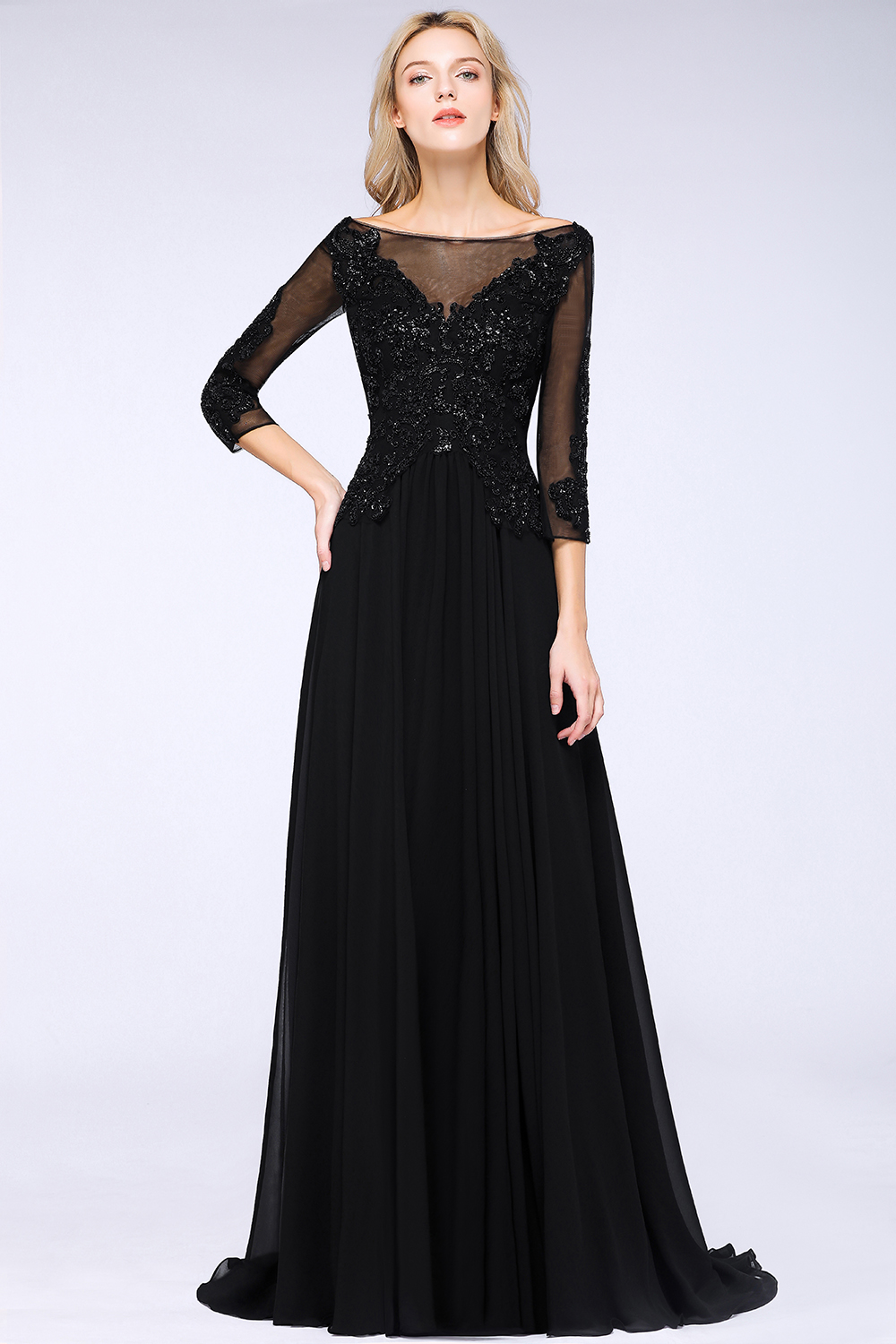 BM0764 Black 3/4 Sleeves Beads A-Line Appliques Bridesmaid Dress