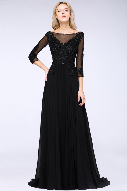 BM0764 Black 3/4 Sleeves Beads A-Line Appliques Bridesmaid Dress