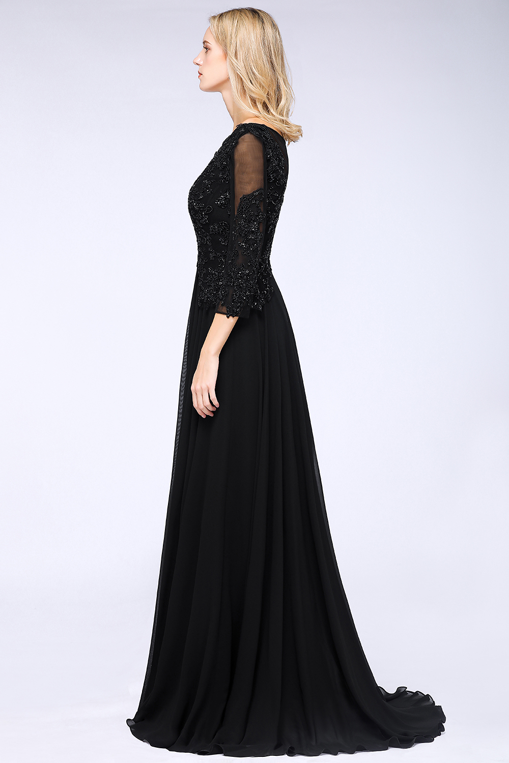 BM0764 Black 3/4 Sleeves Beads A-Line Appliques Bridesmaid Dress