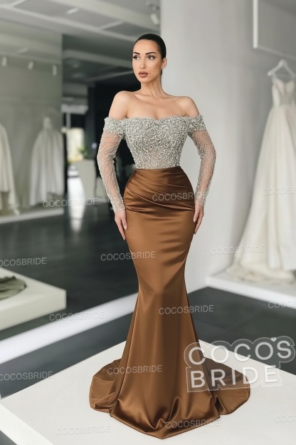 Long Mermaid Off the Shoulder Satin Prom Dress with Sleeves