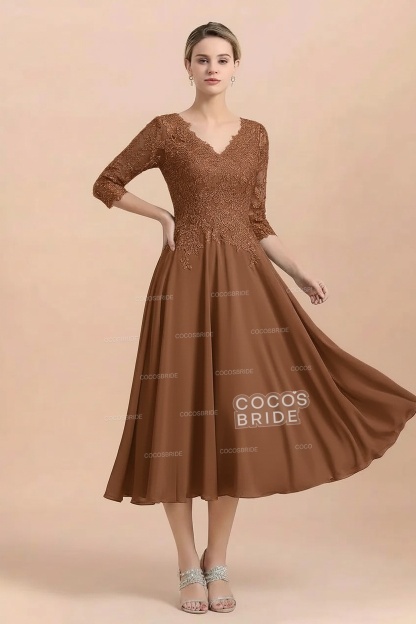 A-Line V-Neck 3/4 Sleeves Chiffon Short Mother Of The Bride Dresses With Lace