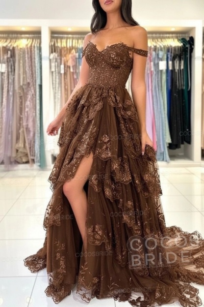 Off The Shoulder Sweetheart Lace A-Line Long Prom Dress with Slit