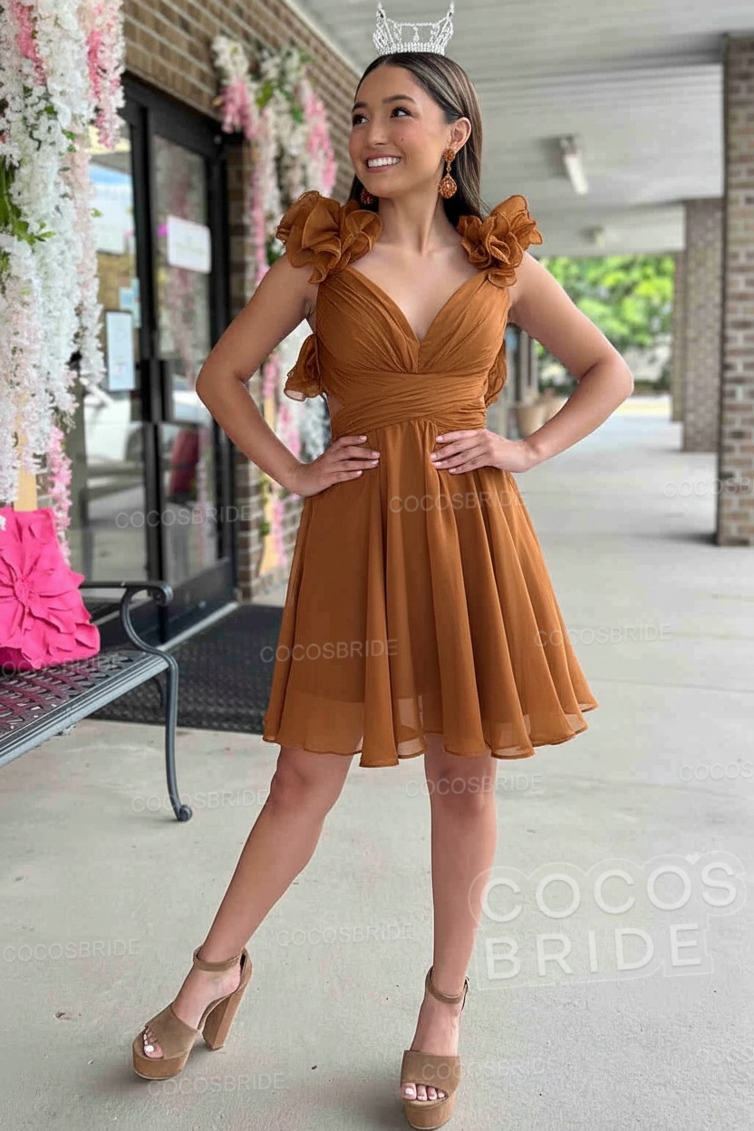 V-Neck Sky Blue Short Chiffon A-Line Party Dress