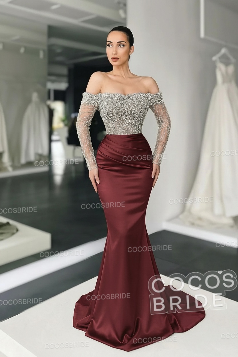 Long Mermaid Off the Shoulder Satin Prom Dress with Sleeves