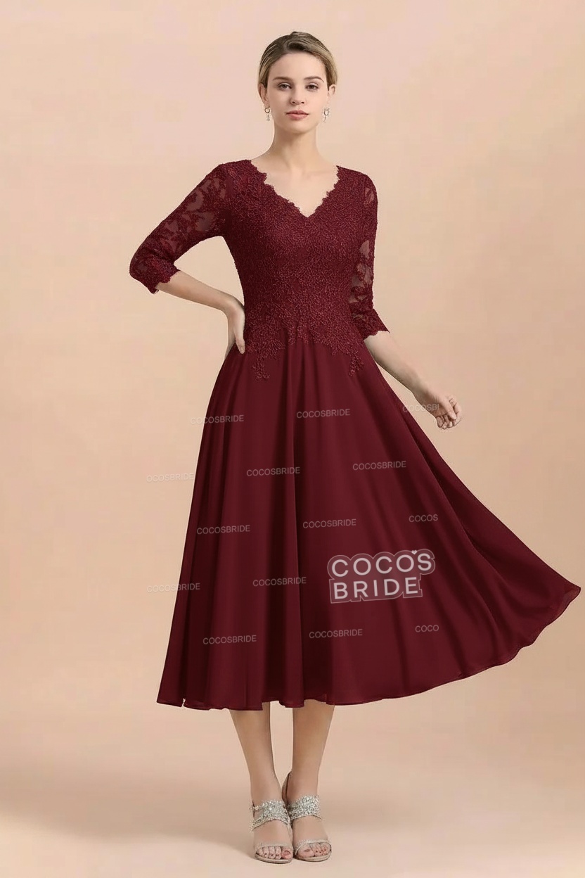 A-Line V-Neck 3/4 Sleeves Chiffon Short Mother Of The Bride Dresses With Lace