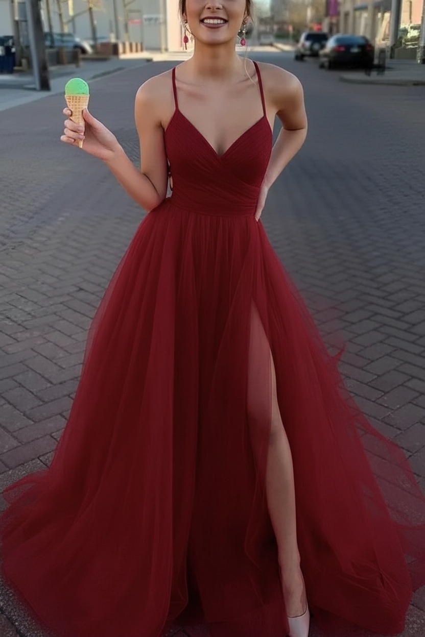 Long Spaghetti Straps V-neck A-Line Tulle Prom Dress With Side Slit