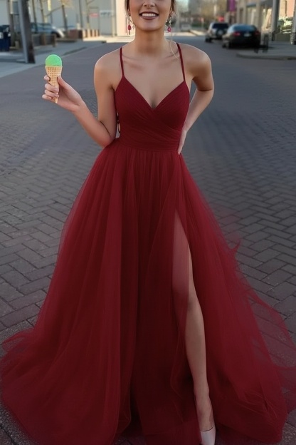 Long Spaghetti Straps V-neck A-Line Tulle Prom Dress With Side Slit