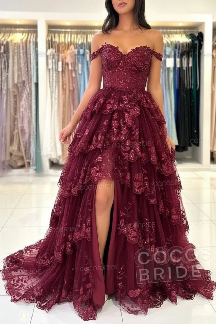 Off The Shoulder Sweetheart Lace A-Line Long Prom Dress with Slit