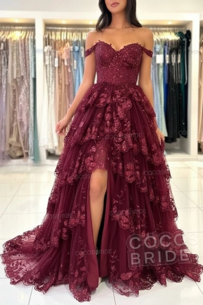 Off The Shoulder Sweetheart Lace A-Line Long Prom Dress with Slit