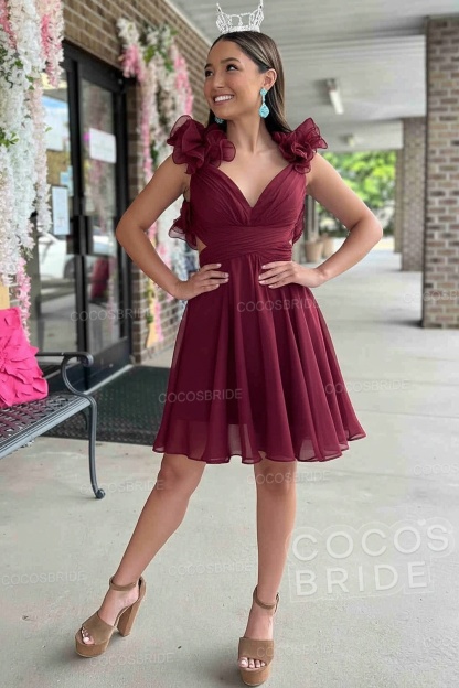 V-Neck Sky Blue Short Chiffon A-Line Party Dress