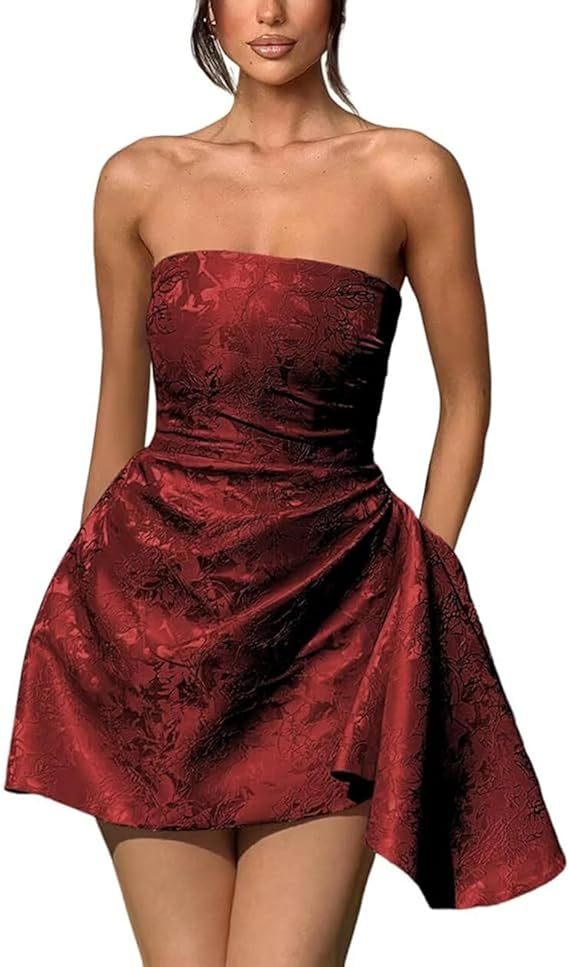A-line Strapless Jacquard Satin Asymmetrical Lace up Sleeveless Short Homecoming Dress - CoCosBride