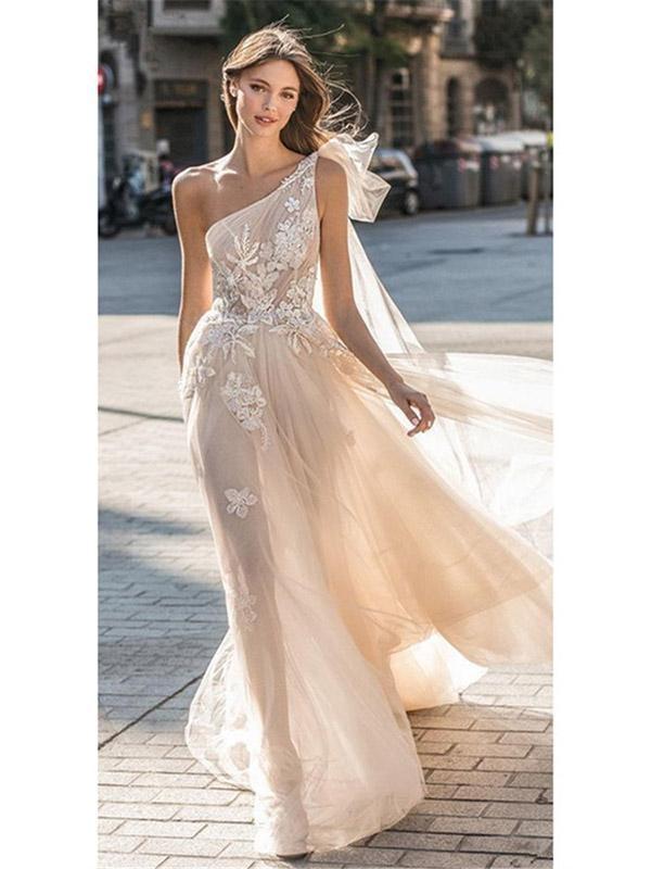 One Shoulder Appliques Flowy Boho Wedding Dresses