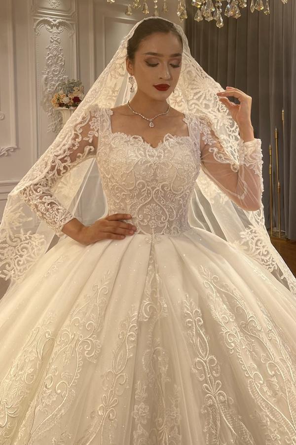 Luxury Long Ball Gown Tulle Lace Long Sleeves Wedding Dress with Appliques