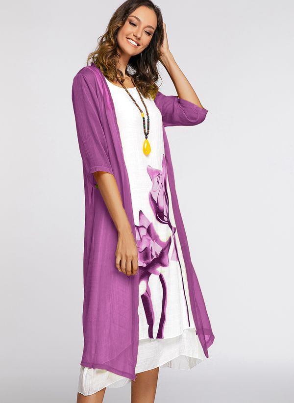 Floral Wrap Round Neckline Midi X-line Dress