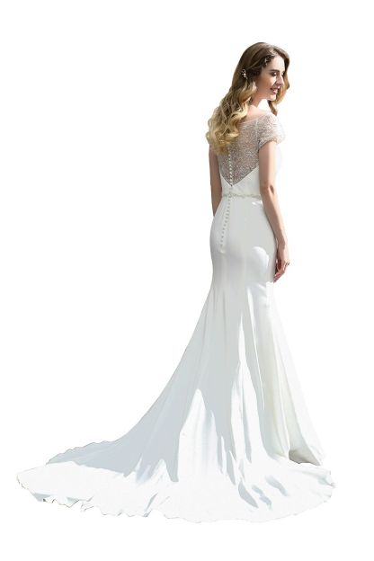 Long Mermaid Satin Belt Lace White Dresses with Short Sleeves