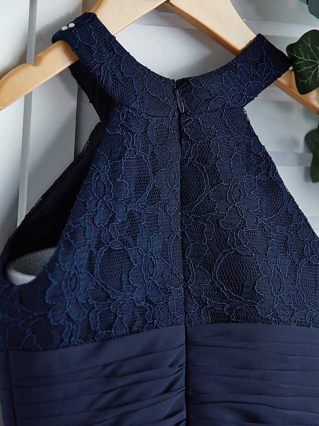 Long A-line Jewel Neck Chiffon Junior Bridesmaid Dress Dark Navy Wedding Party Dresses