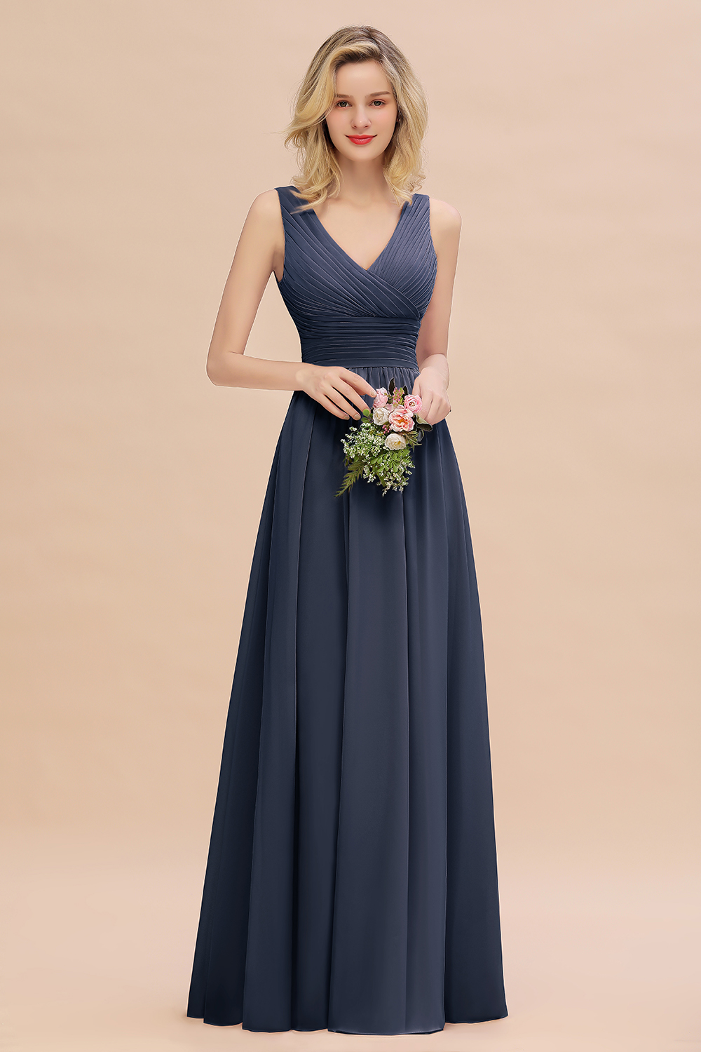 Elegant A-line V-Neck Ruffles Long Bridesmaid Dress
