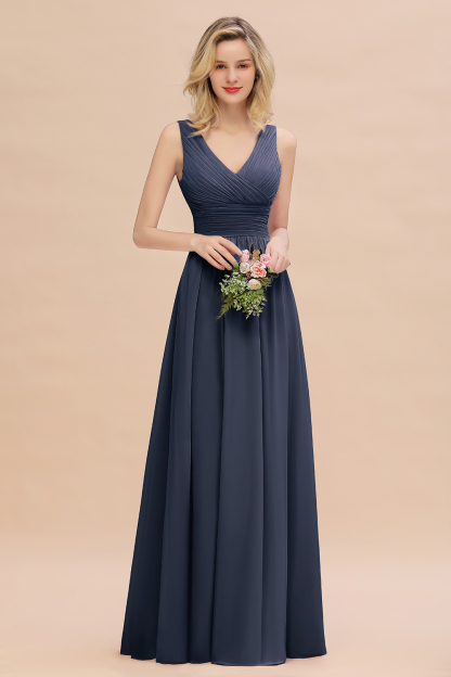 Elegant A-line V-Neck Ruffles Long Bridesmaid Dress