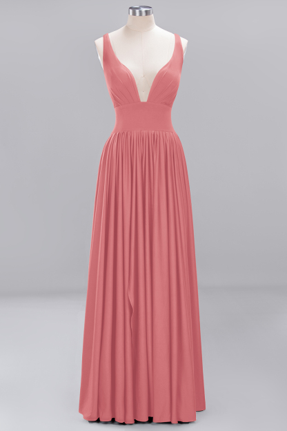 A-Line V-Neck Sleeveless Long Ruffles Bridesmaid Dress
