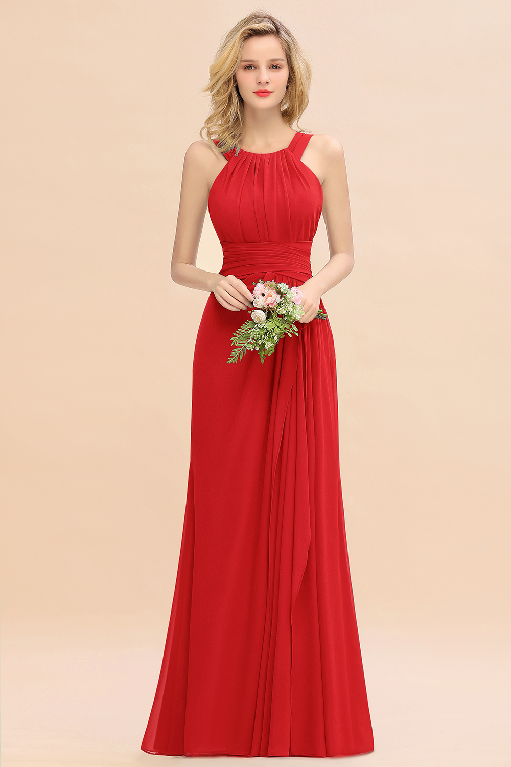 Long A-line Halter Chiffon Backless Floor-length Bridesmaid Dresses