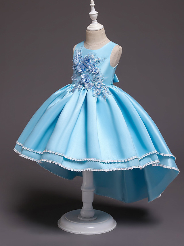 Princess Asymmetrical Wedding / Party / Pageant Flower Girl Dresses - Satin / Tulle Sleeveless Jewel Neck With Lace / Belt / Appliques
