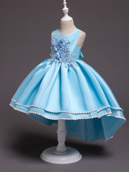 Princess Asymmetrical Wedding / Party / Pageant Flower Girl Dresses - Satin / Tulle Sleeveless Jewel Neck With Lace / Belt / Appliques