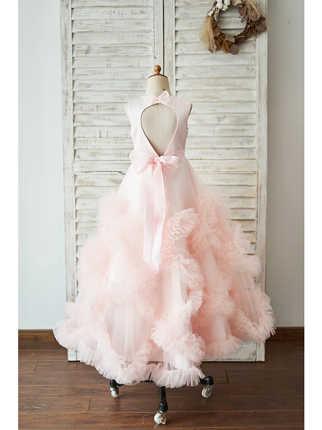 Princess / Ball Gown Floor Length Wedding / Birthday Flower Girl Dresses - Tulle Sleeveless Jewel Neck With Sash / Ribbon / Bow(S) / Flower